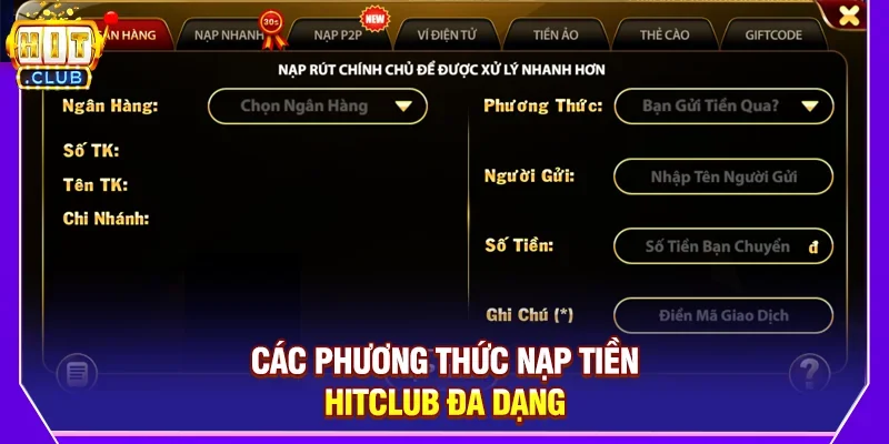 Các phương thức nạp tiền Hitclub đa dạng